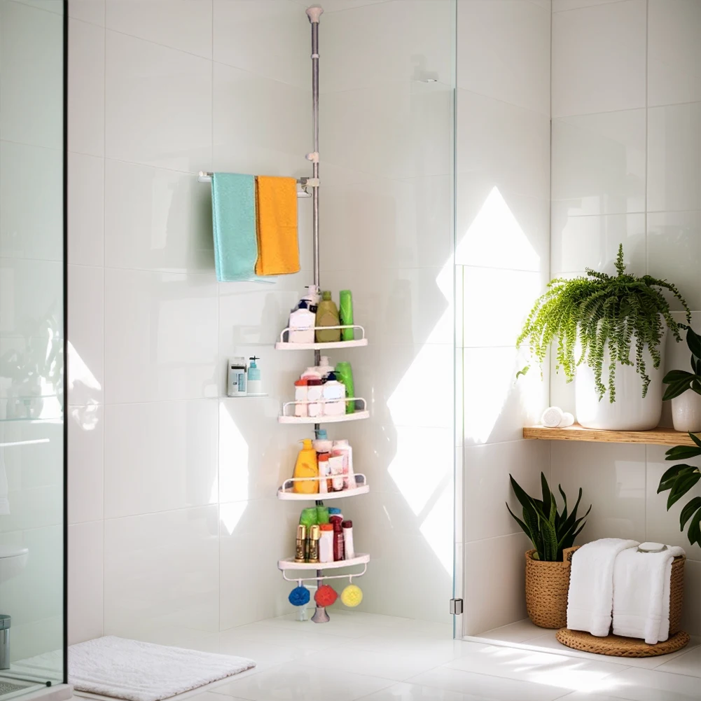 

Telescopic Bathroom Shelf No Drilling Floor Ceiling Holder Stainless Steel Frame Shower Caddy Organizer Shelf Adjustable 4 Trays
