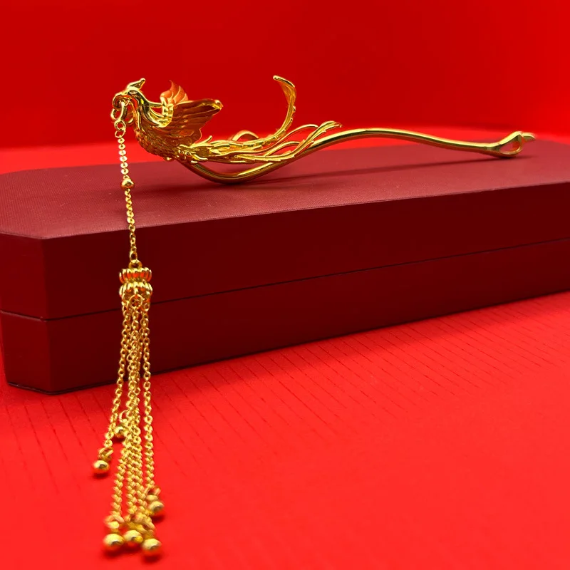 Lucky Bride Phoenix Hairpin Phoenix Hairpin Ancient Style Xiuhe Hanfu Step Shake Tassel Imitation Gold Hairpin