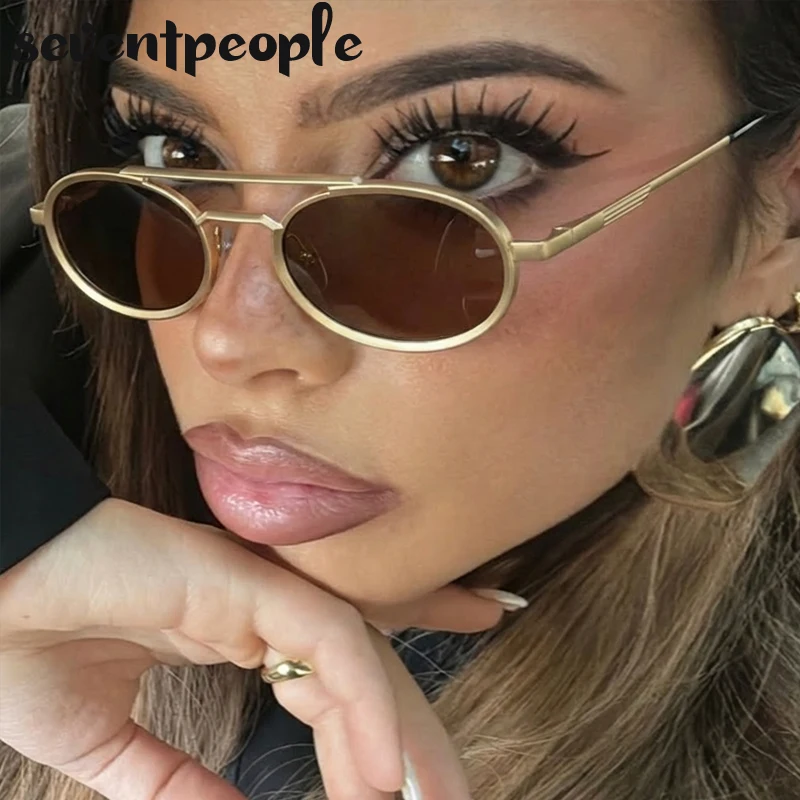 

Small Oval Metal Frame Steampunk Sunglasses For Women 2026 Luxury Brand Vintage Double Beam Shades Classic Round Punk Eyewear