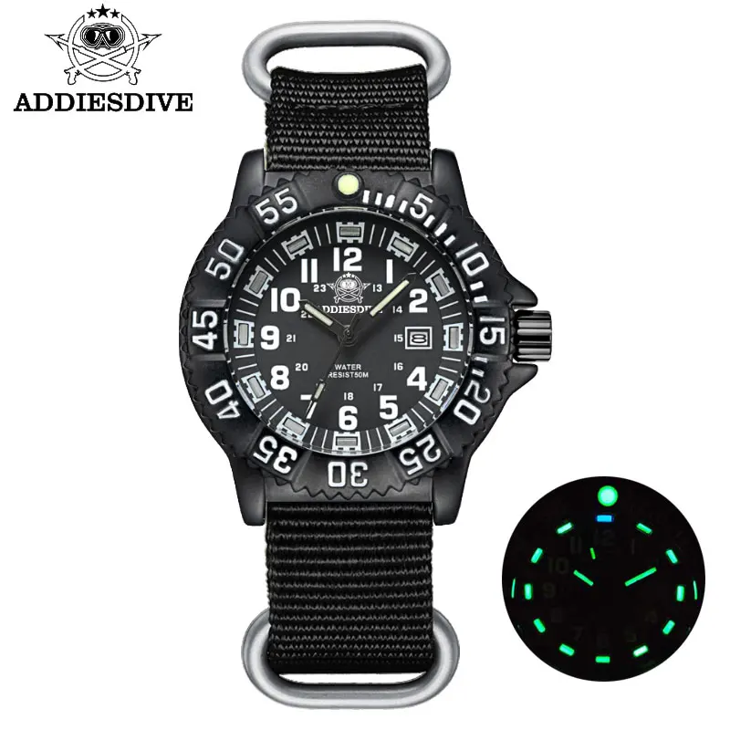 ADDIESDIVE Fashion Men\'s Analog Watch 50m Waterproof Luminous Tube Nylon Sports Men Military Wristwatches Quartz Watch for Men