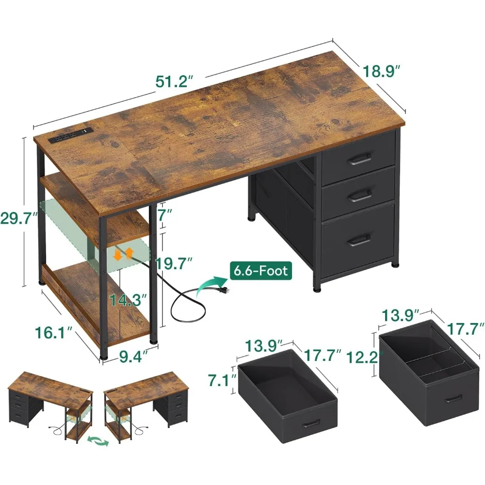 مكتب كمبيوتر كبير مقاس 51 بوصة مع أدراج قماشية، ومنافذ طاقة USB، ومكتب مكتب منزلي قابل للعكس مع أرفف تخزين، مثالي لـ