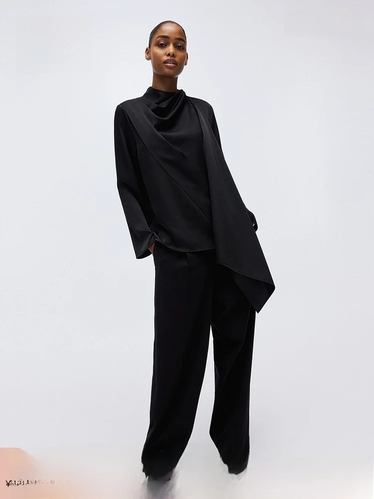 

Spring New Women's Satin irt Design oulder Wrap Casual Sle Long Sve Polyester Fiber Regular Thin Asymmetrical