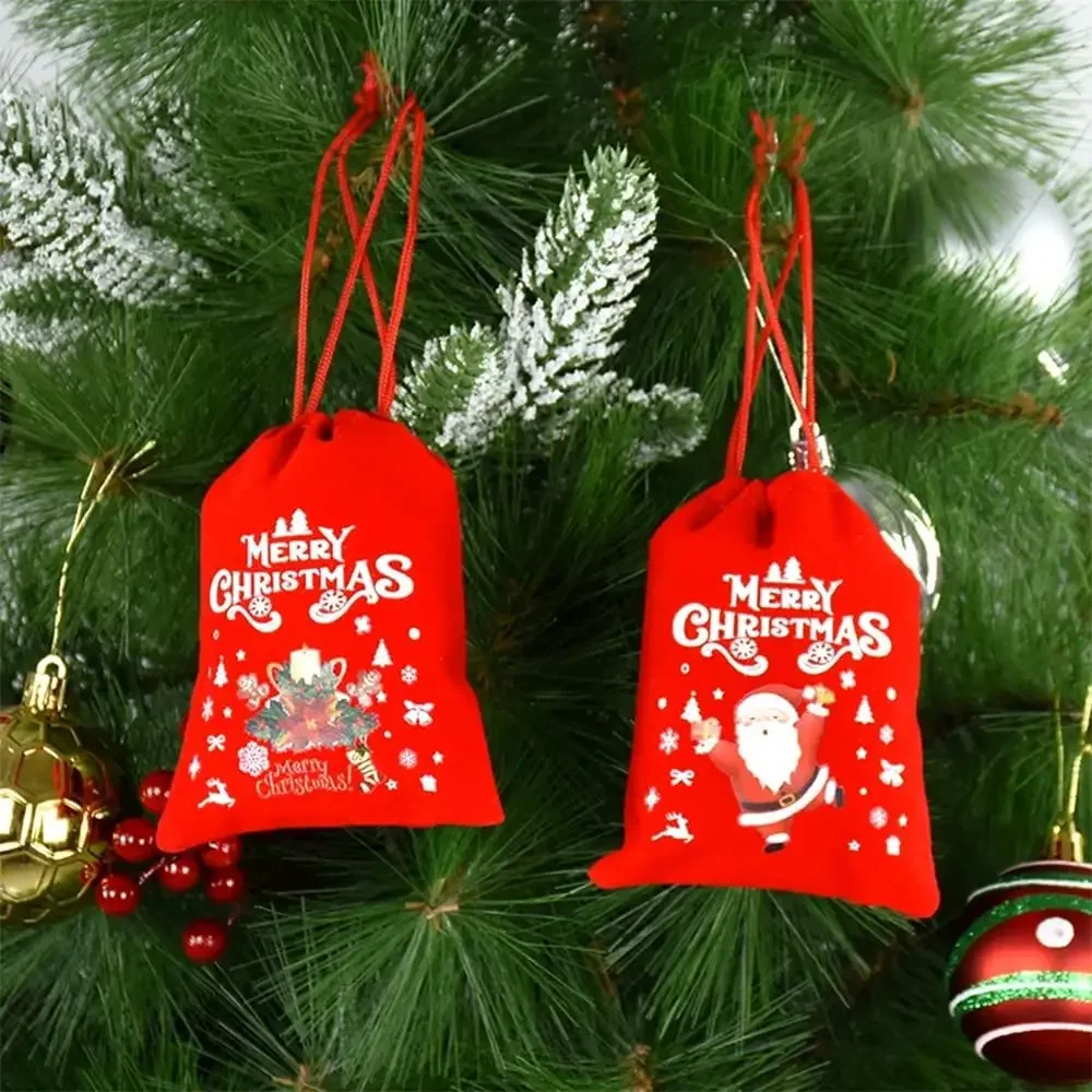 Merry Christmas Velvet Bags Drawstring Pouch Candy Snack Gifts Bag Jewelry Packaging Bags For Christmas New Year Decoration