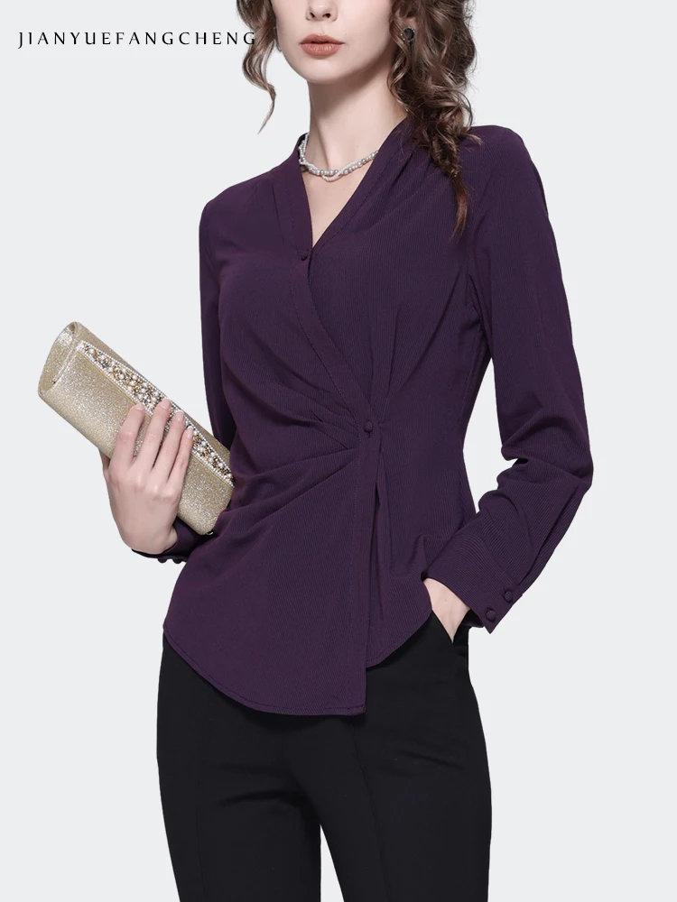 2023 autunno nuove donne che allungano la camicia a maglia viola irregolare manica lunga con scollo a v elegante Slim Cinch vita a righe top