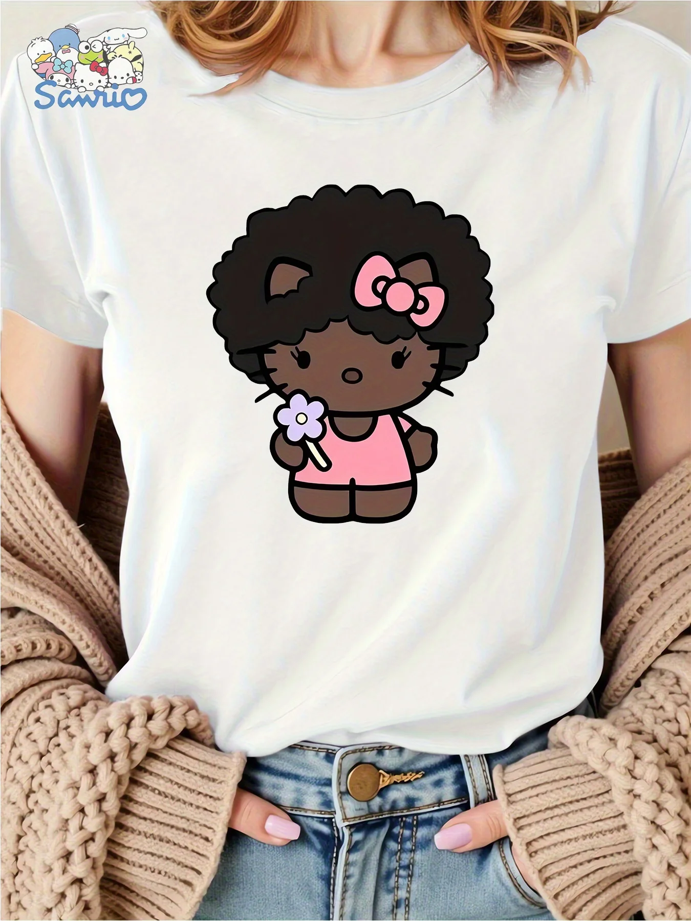 

Летняя мужская и женская модная и удобная футболка Jing Sanli с рисунком Hello Kitty,