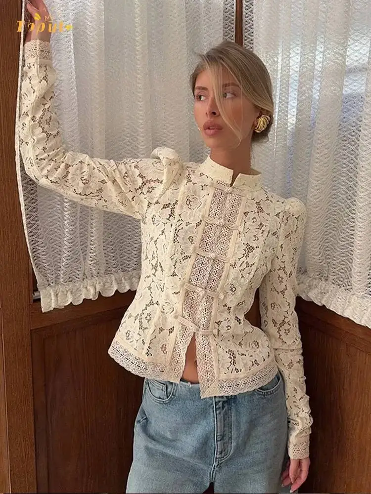 Retro Solid Chinese Hollow Lace Shirt Women Chic O Neck Long Sleeve Slim Knit Top Summer 2025 Fashion New Street Floral Blouses