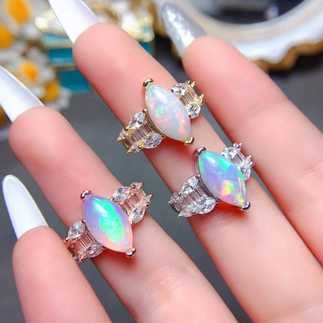 

Australia Natural Opal Ring 7mm*14mm Brilliant White Opal Silve Ring for Party 3 Layers 18K Gold Plated Gemstone Jewelry