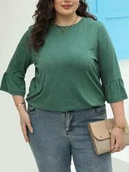 Blusa de manga comprida de bainha alta baixa feminina, plus size, monocromática, casual, roupas de primavera e outono