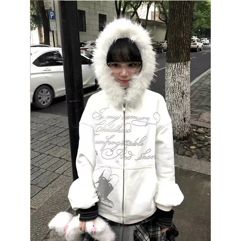 

Women Fur Hooded Sweater 2025 Early Autumn Women's Retro Cardigan Hoodies Faux Fur Collar Oversized Y2K Loose Sweater Jacket