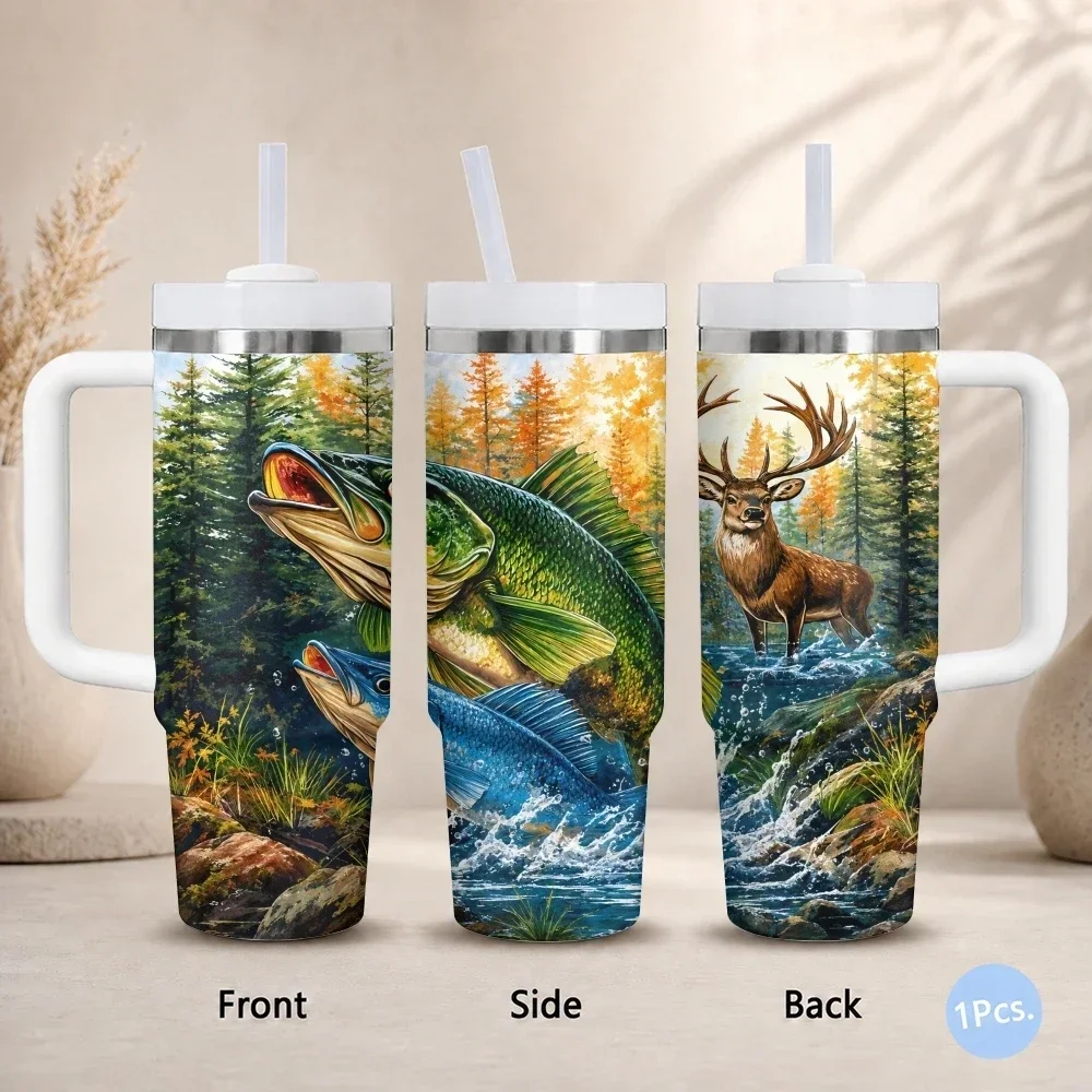 Forest Deer Pattern Vacuum Flasks 40oz Thermal Stainless Steel Tumbler with Handle Straw Leakproof Mug