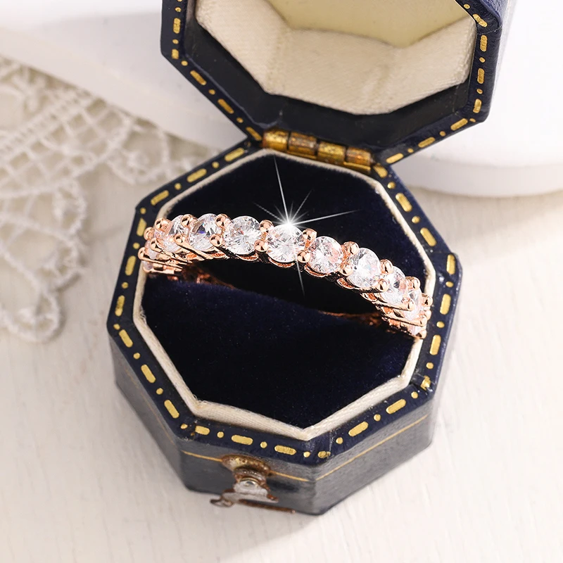 

925 Stamp Fashion White Zirconia Row Diamond Ring Women Slim Rose Gold Ring Party Wedding Birthday Jewelry Gift