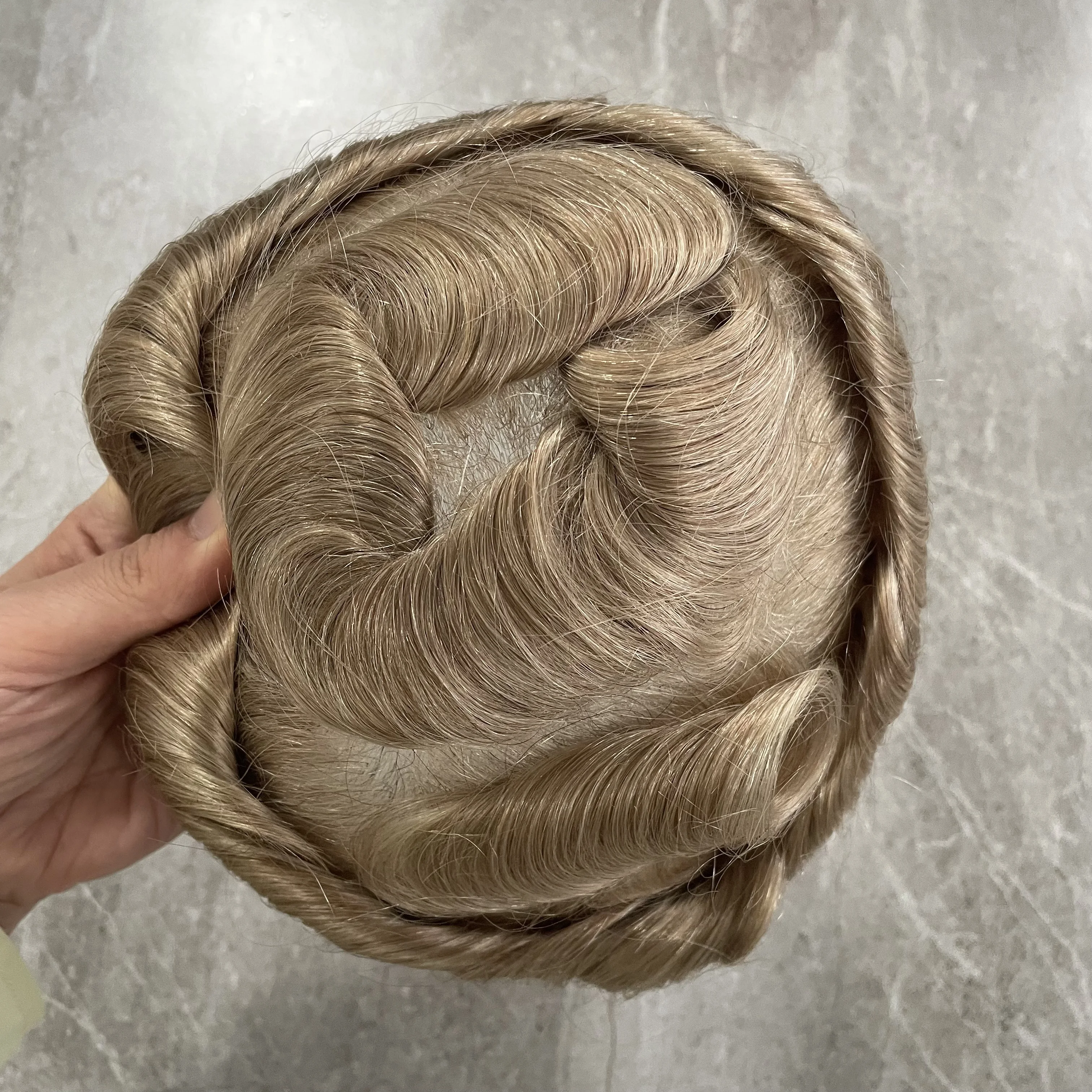 Natürlicher Haaransatz Herren Toupet 0,06-0,08mm Dünne Haut Voll-V-Schleifen-Basis Echthaar-System Grau Braun Blond Herren Haarersatz – Detail 4