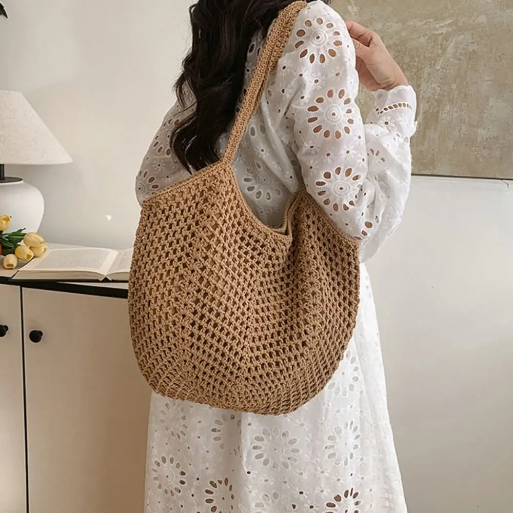 

Solid Color Knitting Shoulder Bag Large Capacity Hollow Out Bohemian Crochet Tote Bag Versatile Casual Woven Handbag Female