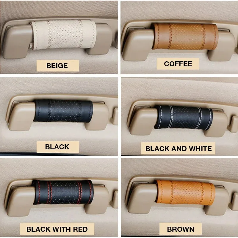 

QIANBAI 1/2pc Car Roof Pull Handle Cover Breathable Non-slip Warm PU Leather Door Handle Protective Case Universal Auto Interior