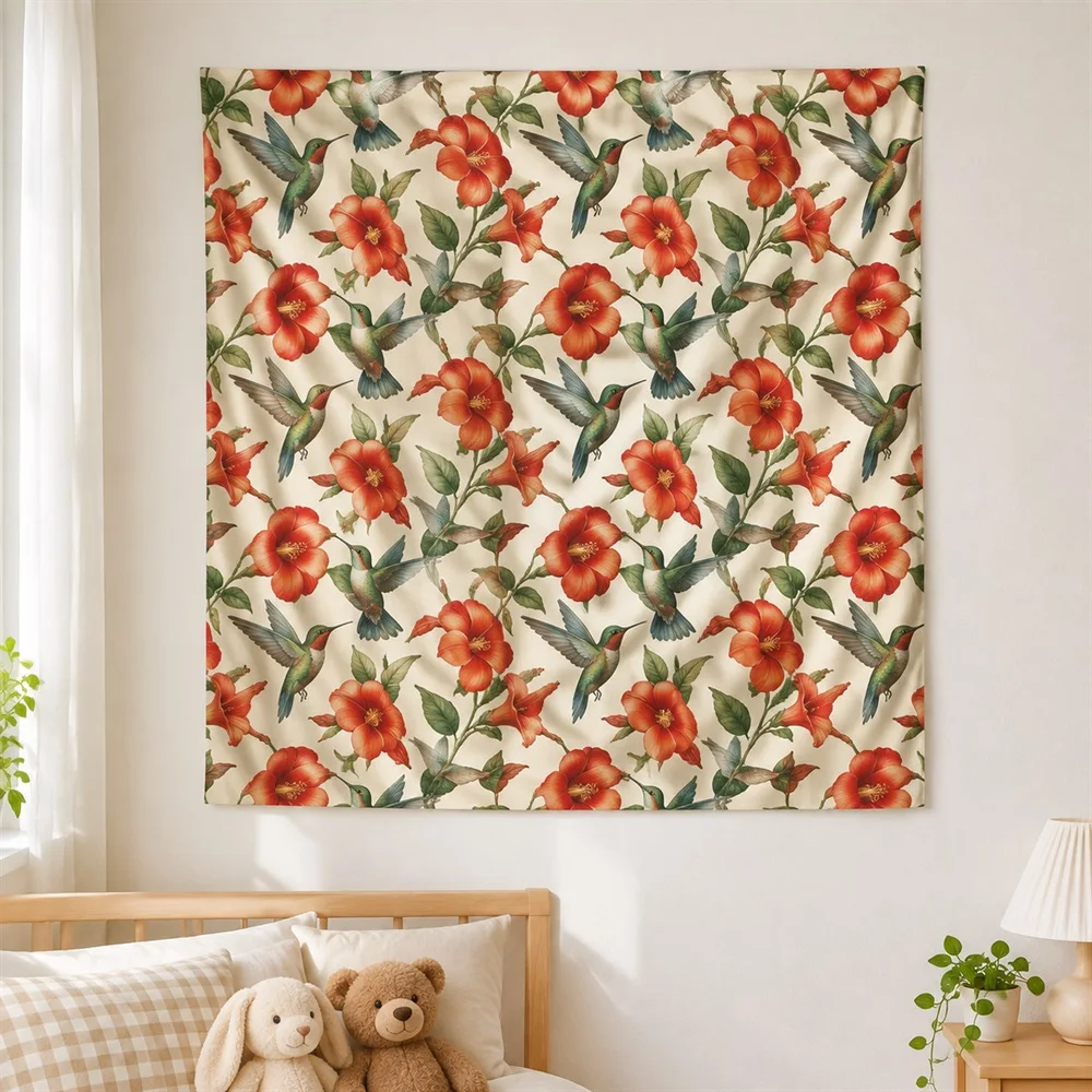 VIKAMA Hummingbird Flower Tapestry Wall Hanging, HD Print Wall Art, Garden Decor for Living Room Bedroom Kitchen Sunroom