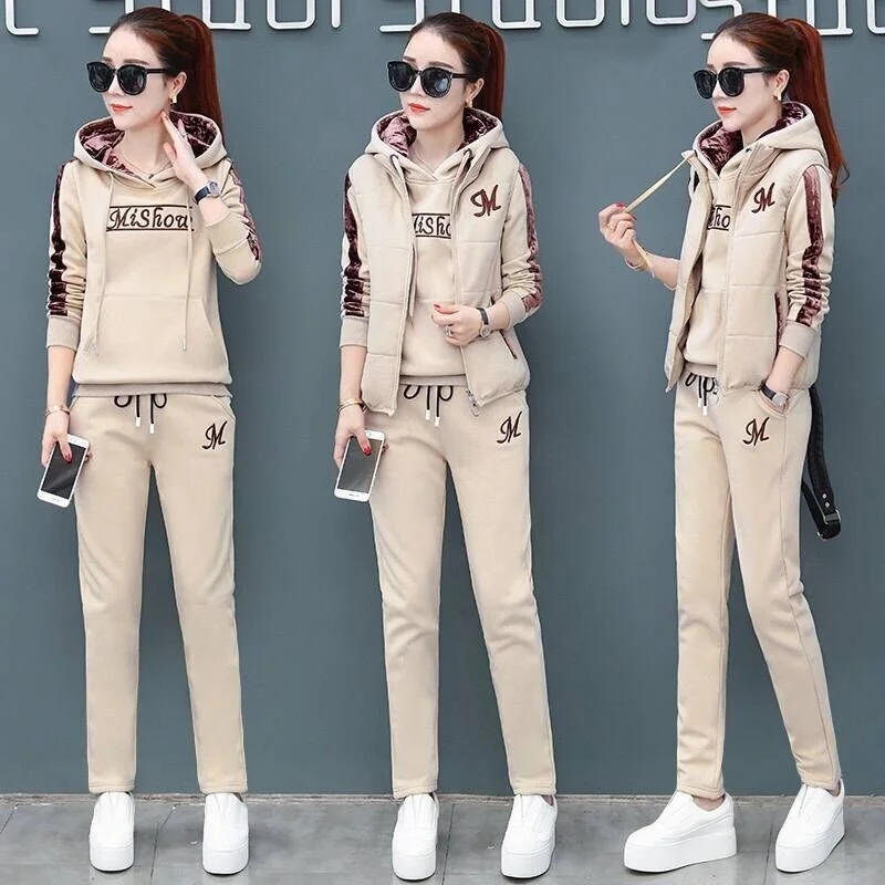 2024 Autumn Winter New Women\'s Casual Sweat Suit Fashion Plush Thickened Hooded Tops Waistcoat Pants 3 Three Piece Set For Women