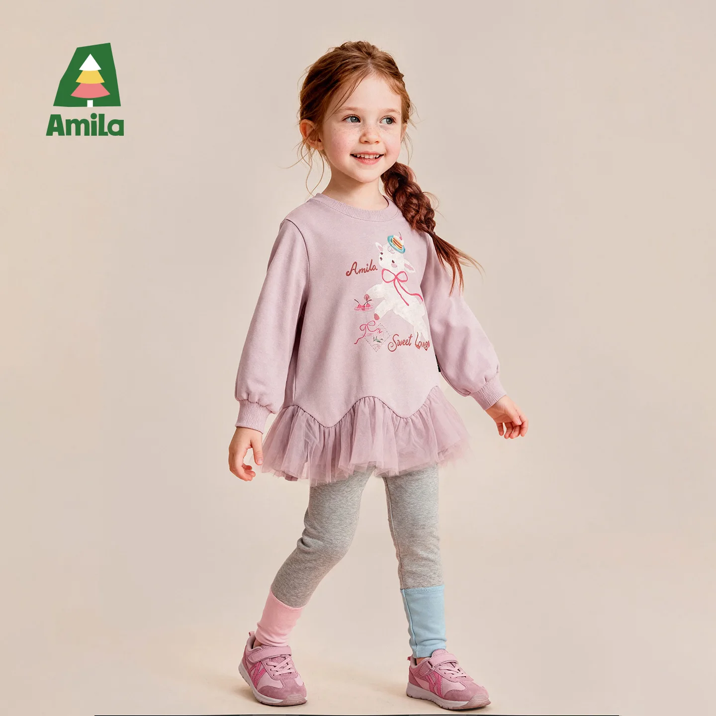 Amila 2026 Autumn New Kids Two Piece Set Sweet Print Mesh Hem Color Block Cuff Fashion Casual Cute Girls Outfit Set