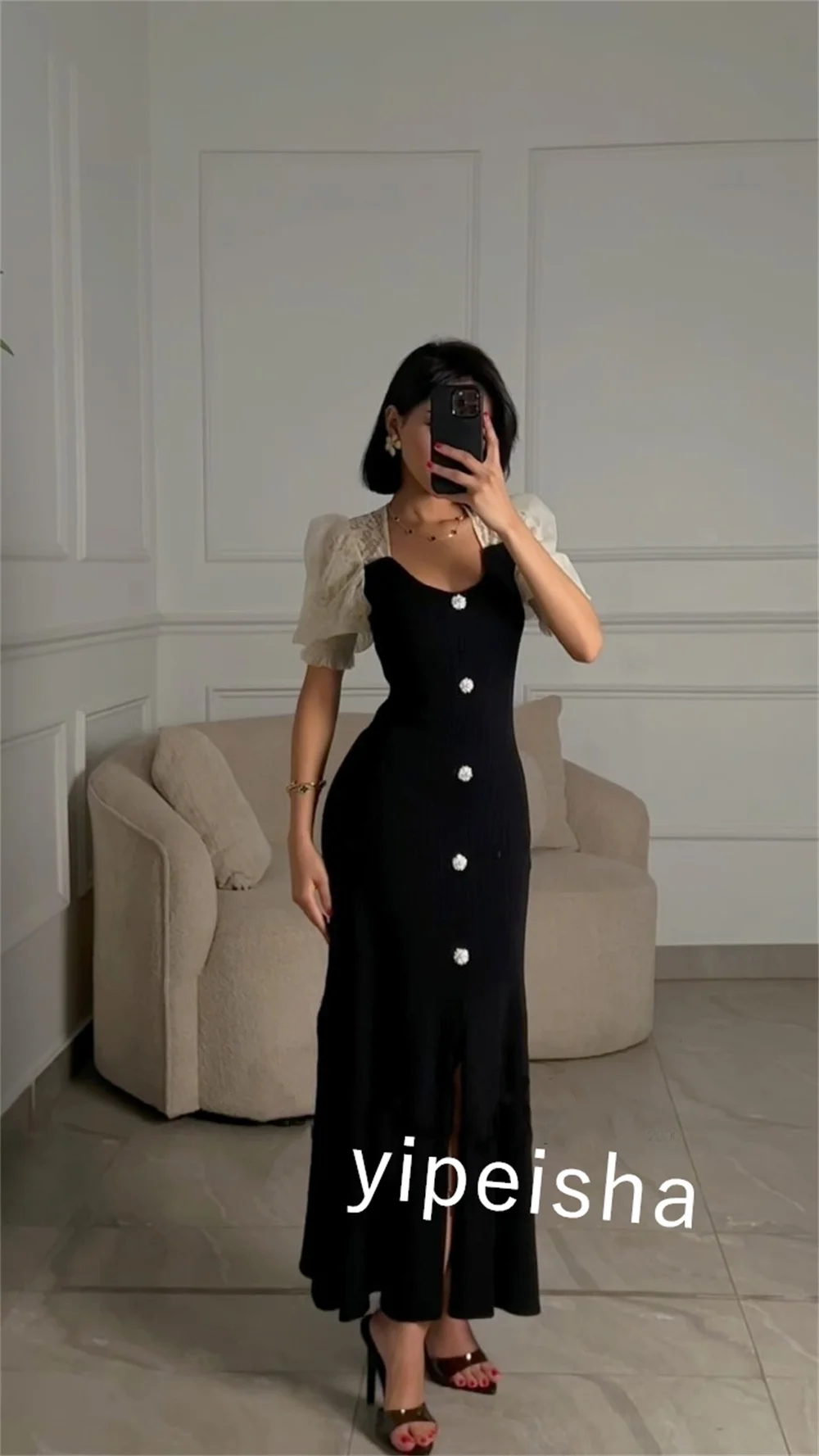 Vestido Midi a medida con botones para fiesta, cuello redondo