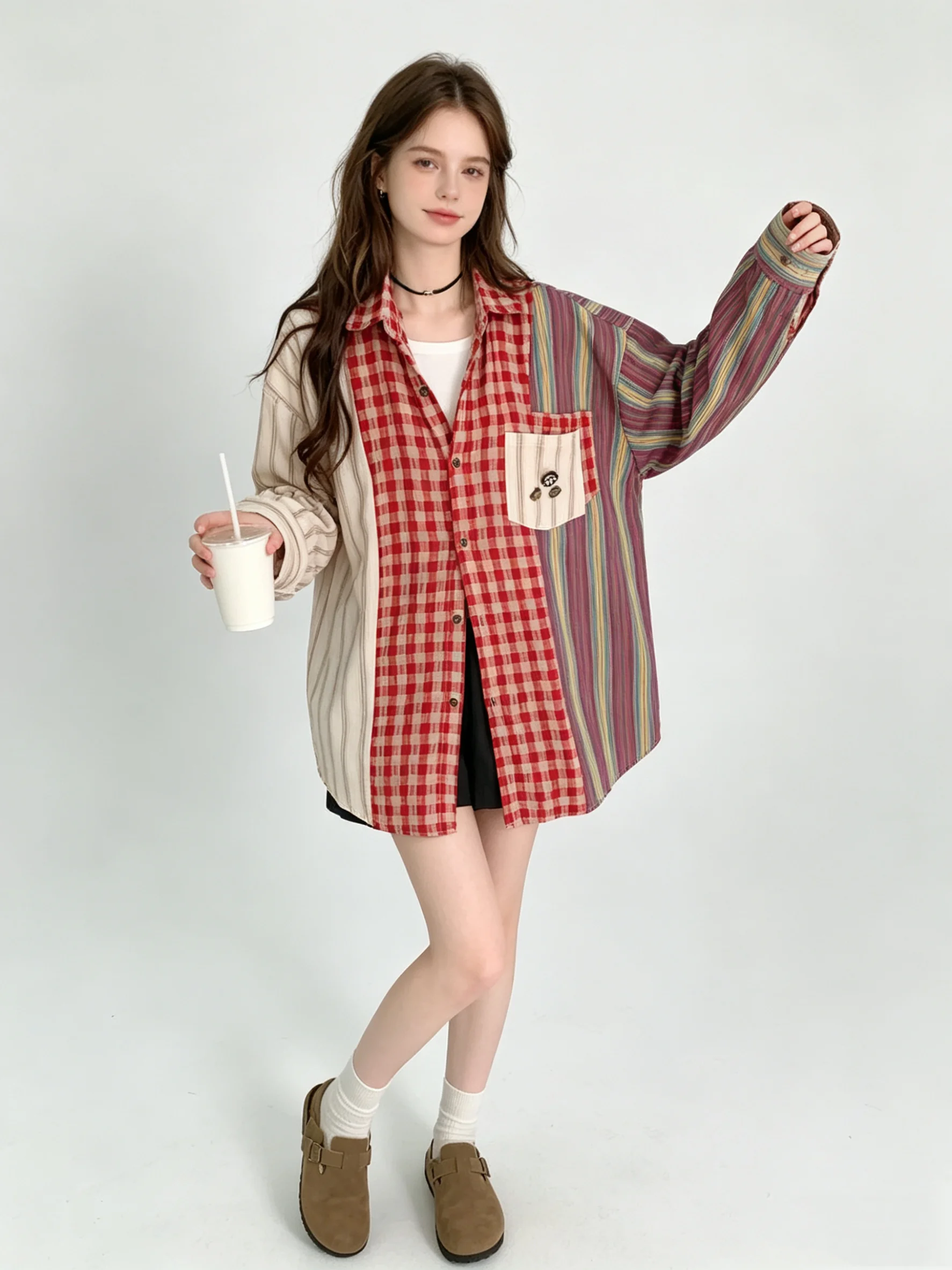 Women\'s Red Plaid Shirts and Blouses 90s Y2k Vintage Korean Harajuku 2000s Elegant Long Sleeve Cute Shirts Clothes Autumn 2024