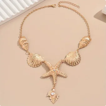 

Ladies Classic Simple Golden Ocean Style Star Conch Series White Acrylic Bead Pendant Necklace Elegant Chain Design Jewelry