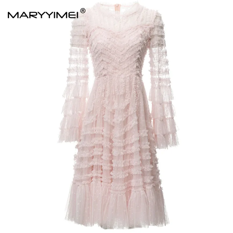 MARYYIMEI New Fashion Runway Designer Women's Round Neck Flared Long-Sleeved Sexy Wooden Ear Embellished Fold Dress