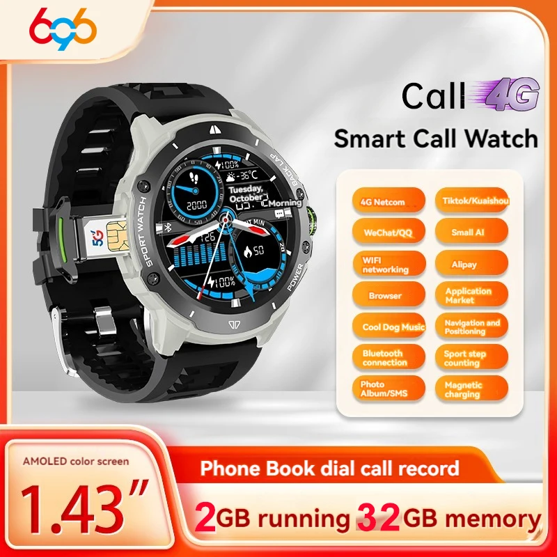 

4G Call Smart Watch Men Women 1.43" AMOLED Screen GPS WIFI SIM Card Smartwatch 2G RAM 32ROM Heart Rate Camera Sports Music NFC