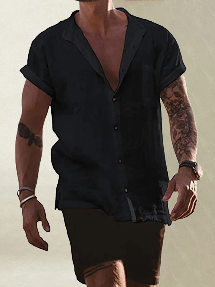 

Men Solid Turn Down Collar Summer Tops Loose Cotton Linen Casual Thin Button Shirt Streetwear Male Daily Short Sleeve Shirt 2022