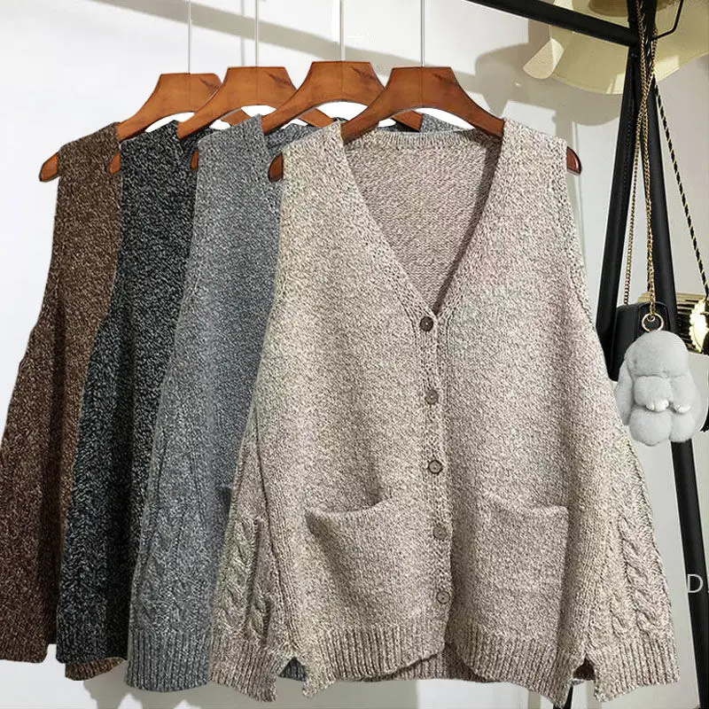 V-neck Pocket Knitted Sweater Vest Women  Loose Single-breasted Sleeveless V-neck Solid Color Sweater Vest Femal Spring