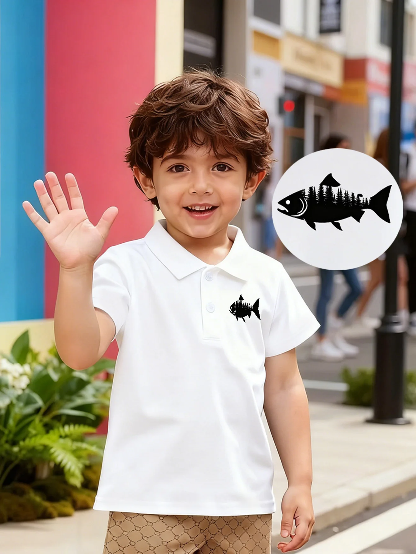 

Детская рубашка-поло с короткими рукавами и принтом силуэта лесной рыбы, модная и универсальная повседневная футболка, подходящая для всех случаев
