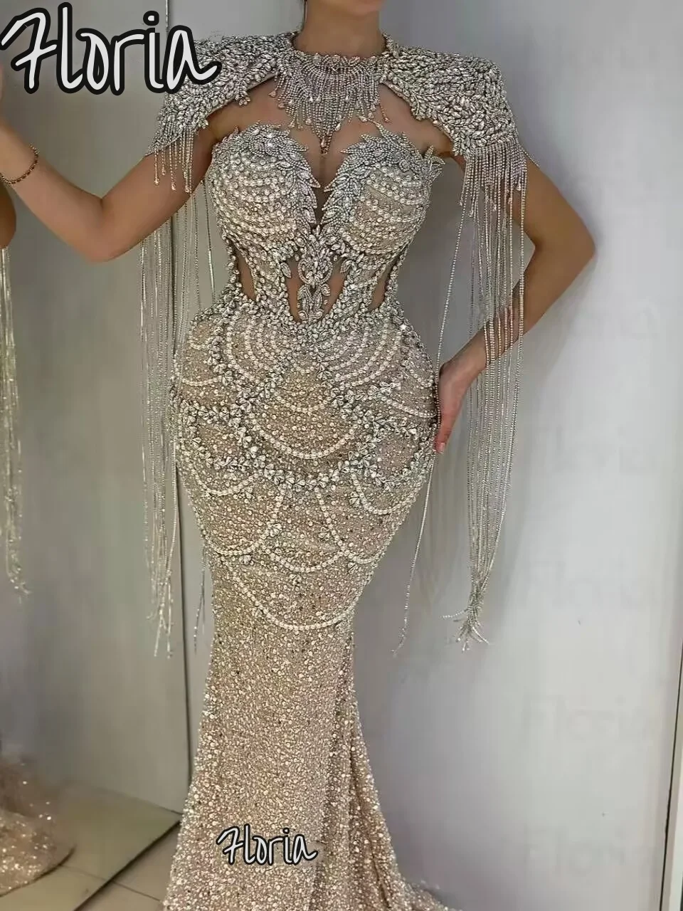 فستان حفلات مطرز فاخر مخصص عربي قطعتين فستان سهرة بشرابة شامبانيا دبي حورية البحر اللامعة فساتين رسمية للحفلات الراقصة