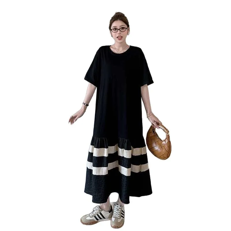 Plus Size Summer 2026 Loose Large Size Design Sense Patchwork Color Block Short Sleeve Dress Hidden Pattern Skirt Casual Comf...