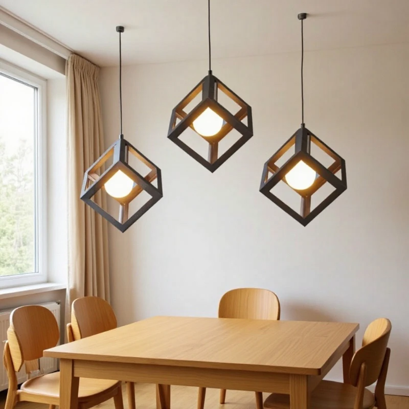 Creative Industry Retro Pendant Light Ironwork Square Hanging Lamps Living Room Art Background Coffee House Suspension Luminaire