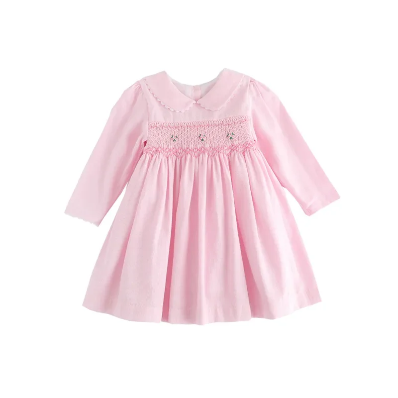 Baby Girls Smocked Dresses Autumn 2023 Kids Pink Cotton Dress with Collar Children Smocking Princess Clothing Toddler Clothes