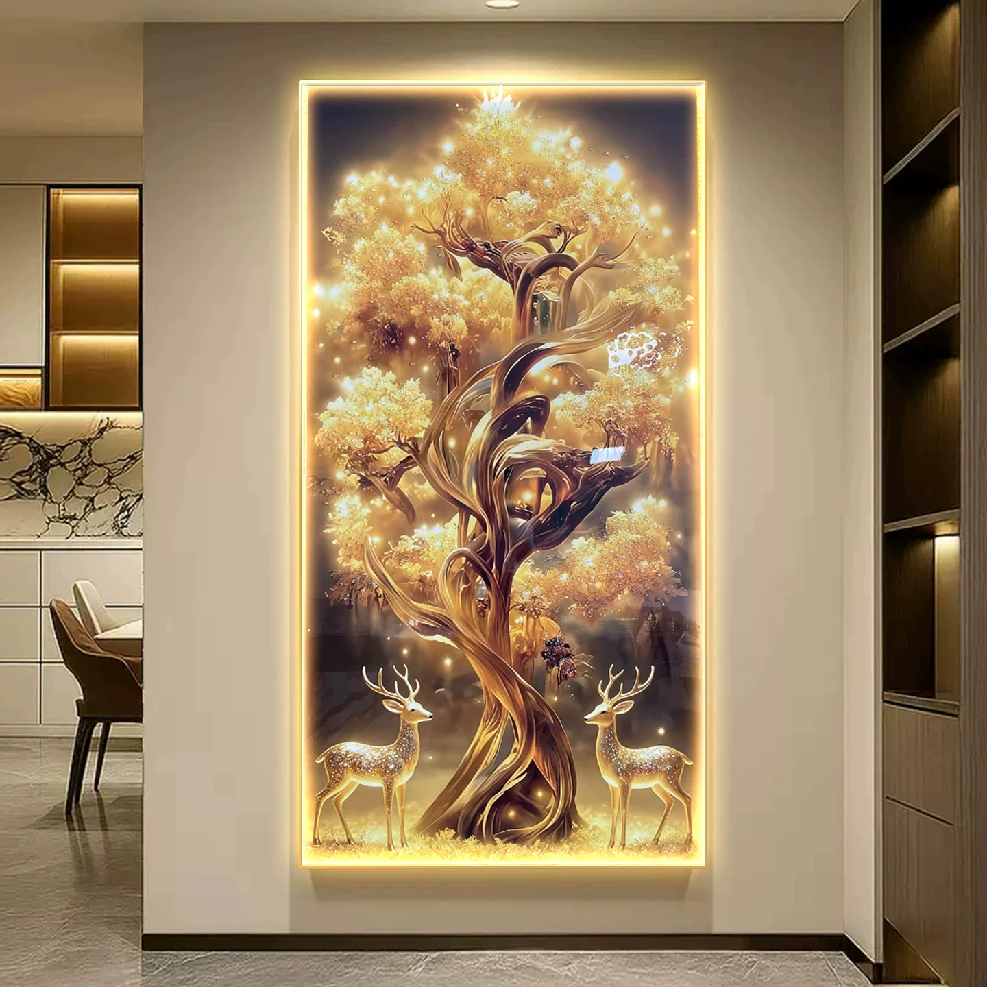 Luxury Entrance Ficus Decorative LED Lighted Hanging Artwork for Front Door, High-End Wall Painting