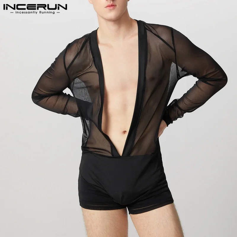 INCERUN Summer Spring Men Bodysuits Patchwork V-neck Long Sleeve Male Rompers Sexy Streetwear 2025 Fashion Bodysuits S-3XL