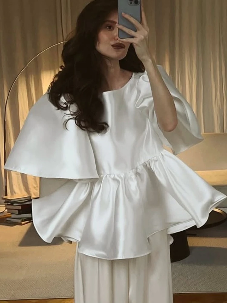 

LIinar 2026 Summer New Elegant Satin Blouse with Round Neck Ruffled Hem and Flared Sleeves for Women