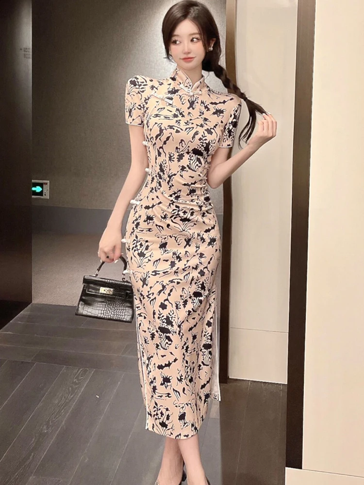 Zomer Print Korte Mouw Stand Kraag Slit Lange Jurk Vrouwen Vintage Bodycon Cheongsam Jurk 2025, Koreaanse Elegante Luxe Vestidos