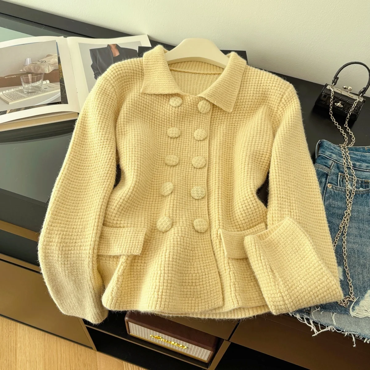

Women Yellow Cardigan Sweater 2000s Vintage Korean Style Jumper Knit Long Sleeves Cashmere Sweater For Women Autumn Winter 2025