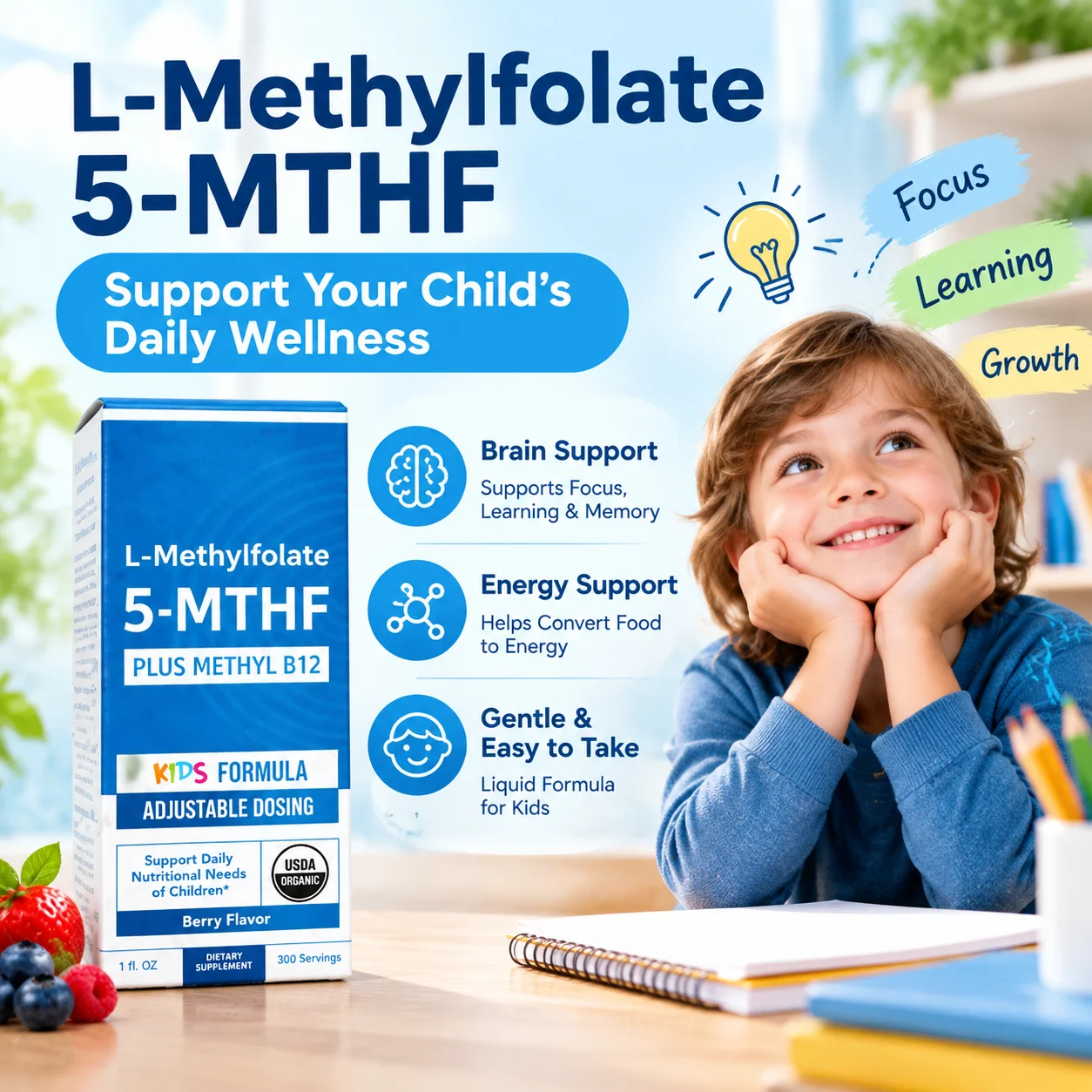 Kids L-Methylfolate 5-MTHF Drops - Supports Brain Development & Focus with Active Folate & Methyl B12 Organic Berry Flavor，30ml