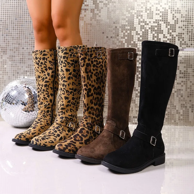 

Women's Fashion Boots Leopard Scrub Side Zip Metal Buckle Soft Sole Non-Slip Block Heel Thigh Boots