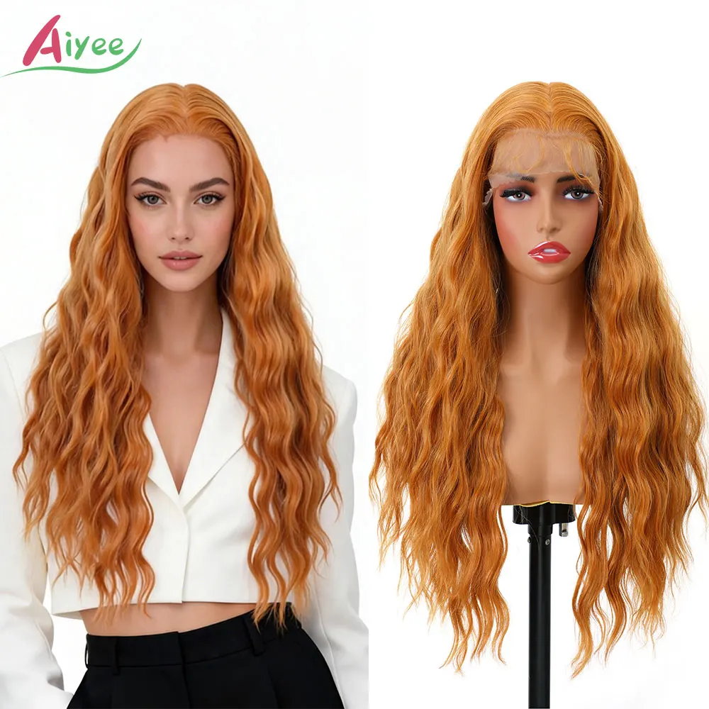 

AIYEE 28 Inch 13x4 Lace Wavy Front Wig Synthetic Hair Natural Looking Cosplay Hairpiece For Women With Dark Brown Grey White