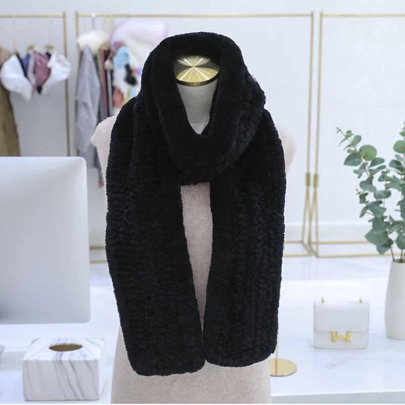 Brand New Real Rex Rabbit Fur Knitted Women\'s Winter Warm Scarf Scarves Wraps Russia Neck Warmer Fashion Luxury Mufflers 170cm