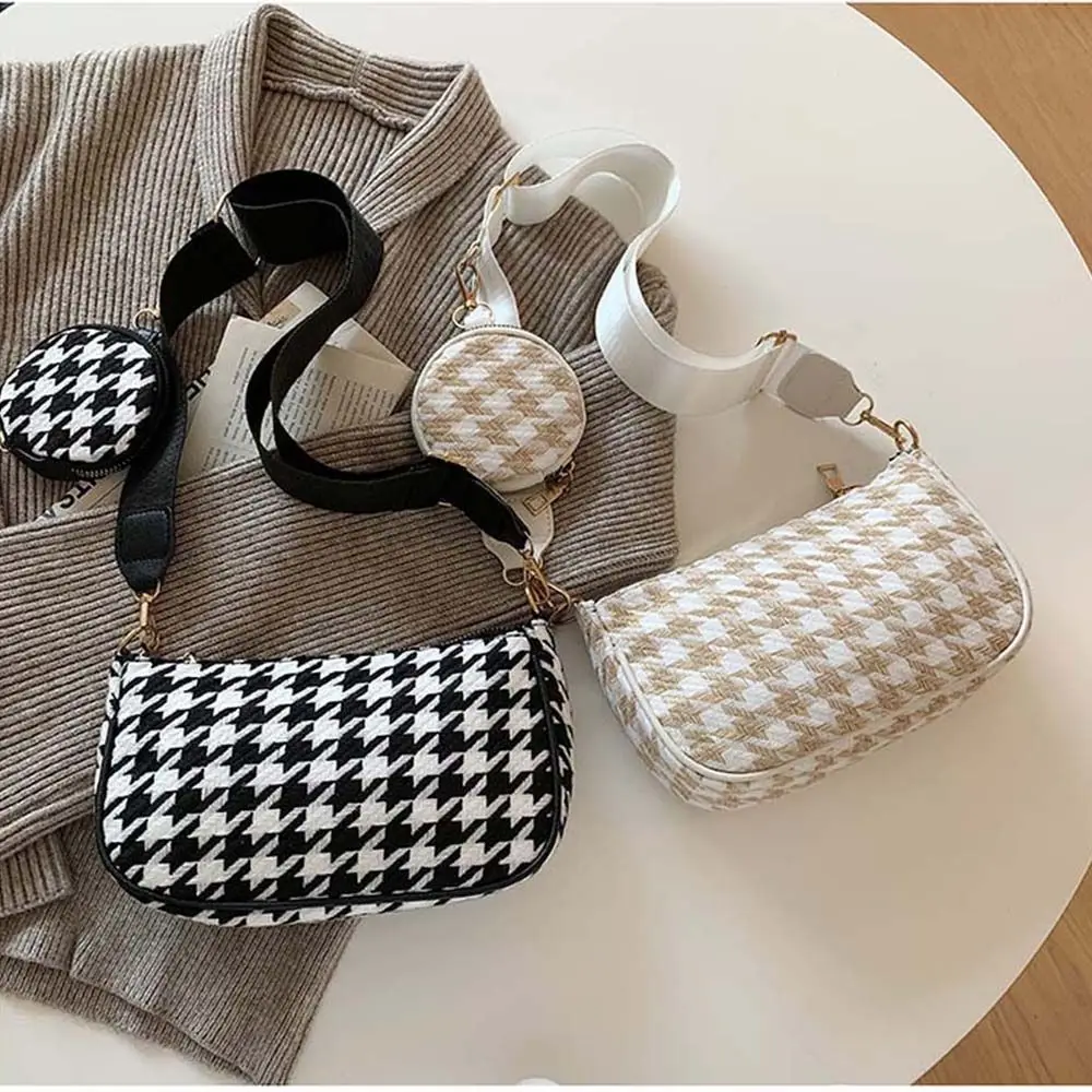 Fashion Retro Houndstooth Plaid Crossbody Bags for Women Girls Shoulder Bags with Round Purse Female Messenger Bags Hobos