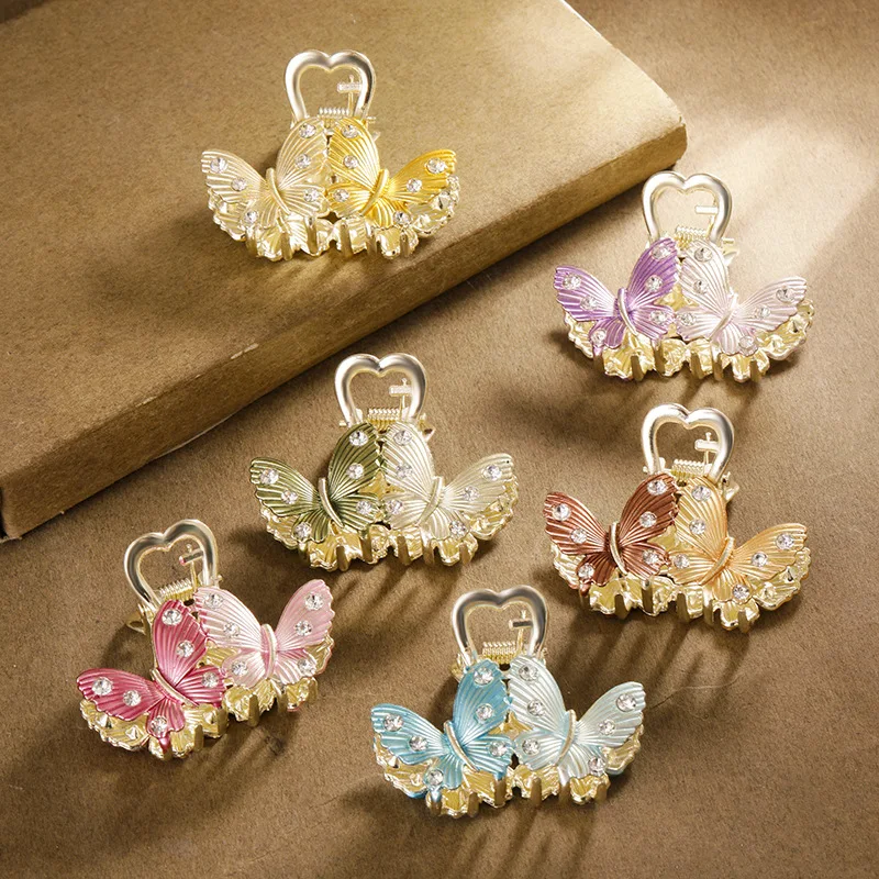 Vintage Dual Butterfly Rhinestone Hair Claw Clip Metal Heart‑Shape Women Back‑Head Updo Colorful Daily Party Hair Accessories