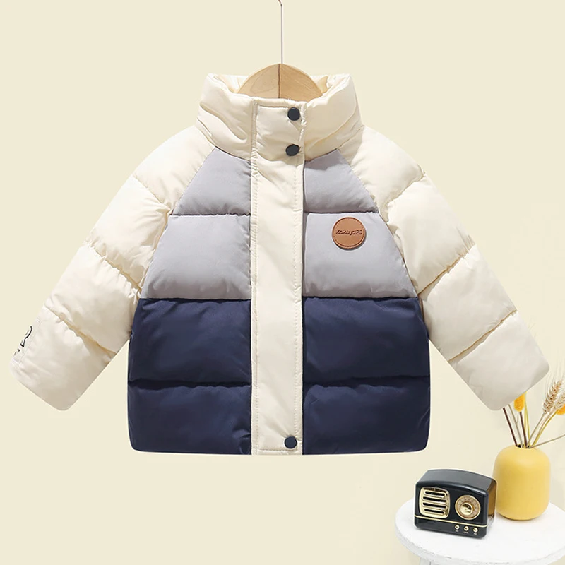 Baby Boys Jacket Autumn Winter New Thick Patchwork Stand Collar Coats For 3 4 5 6 8 Years Girls Keep Warm Cotton Down Snowsuit