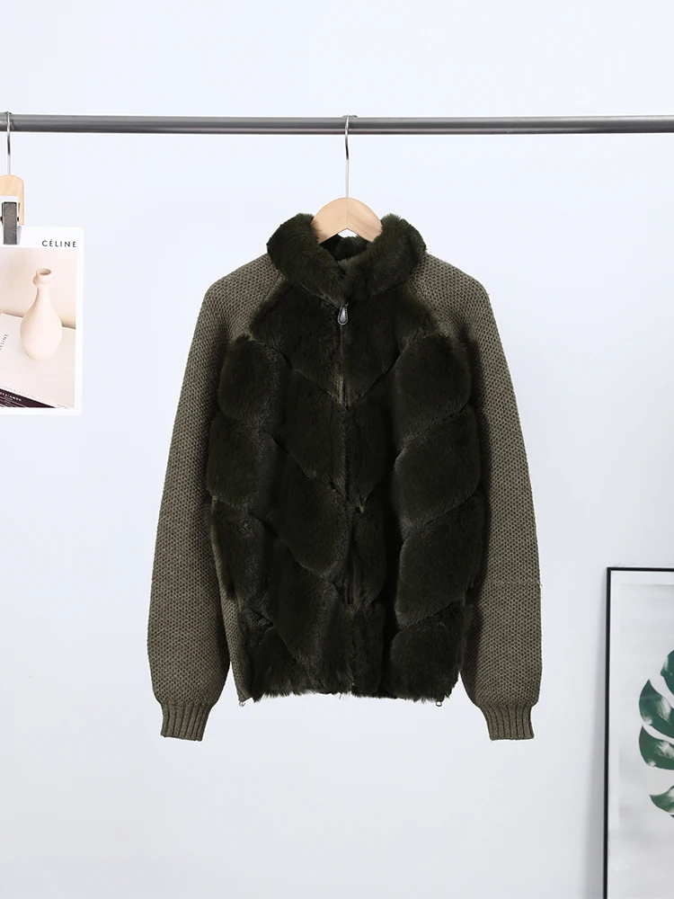 

Faux Fur Patchwork Knit Jacket Women Casual Long Sleeves Zippers Thicken Warm Coats Female 2025 Winter Fashion Streetwear Lady