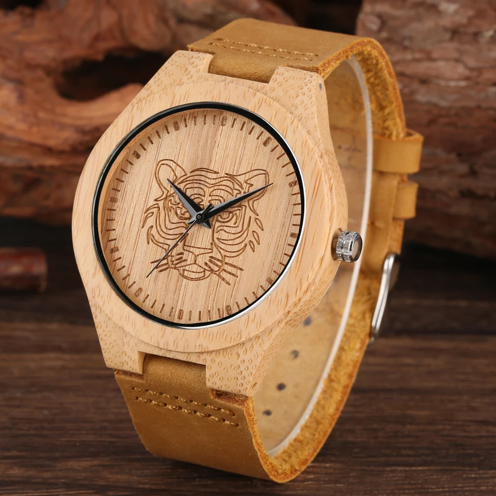 Tiger/Elk Engraved Dial Quartz Watch for Men Women Brown Genuine Leather Wristband Natural Stylish Bamboo Watch Case Man Watches