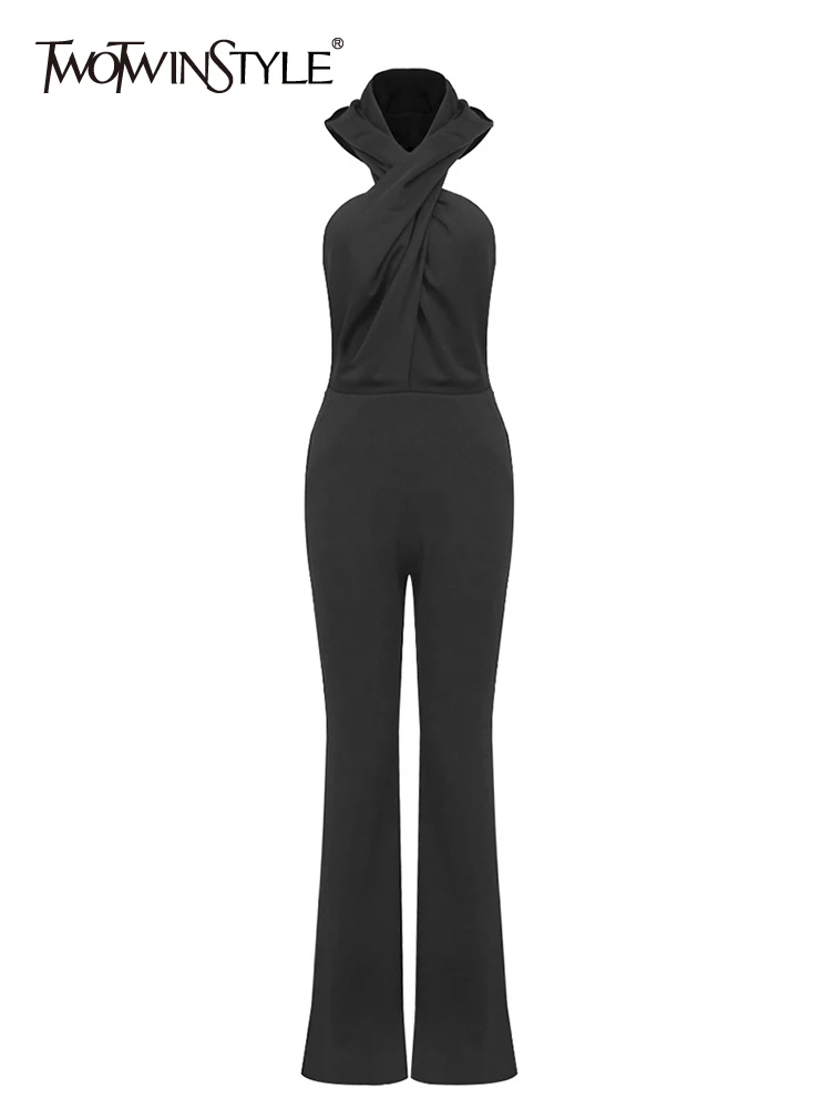 

TWOTWINSTYLE Solid Slimming Backless Sexy Jumpsuits For Women Hooded Sleeveless High Waist Jumpsuit Female Fashion Clothes 2023