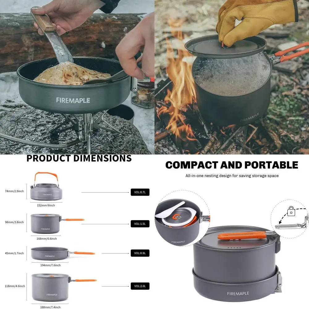 

Compact 4-Piece Outdoor Cookware Set with Pots, Kettle, Saucepans for Hiking, Picnics, and Camping Adventures