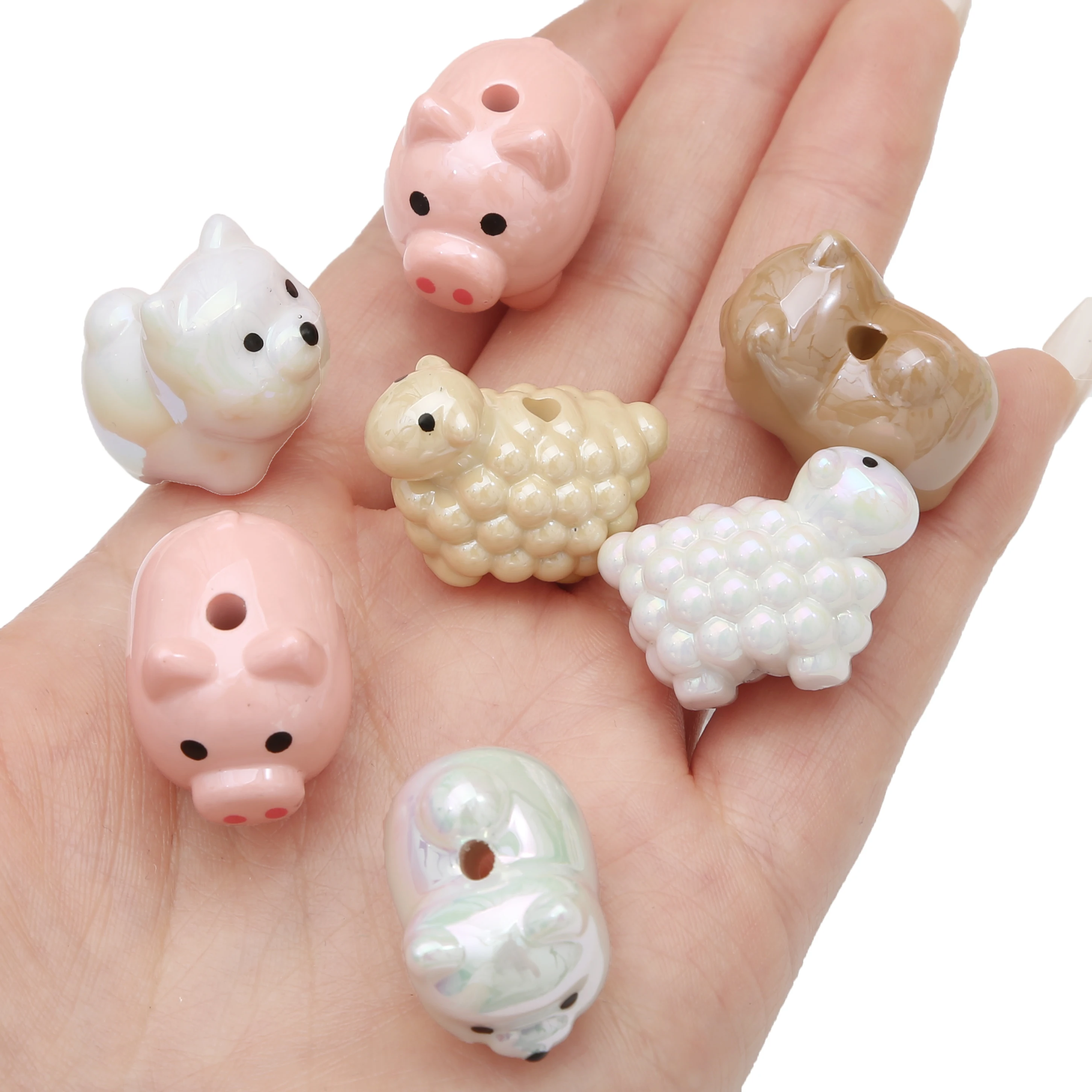 Perles d'animaux en acrylique, mouton, cochon, UV, trou de dessin animé, perles amples peintes à la main, pour bricolage, bijoux artisanaux, accessoires de fabrication